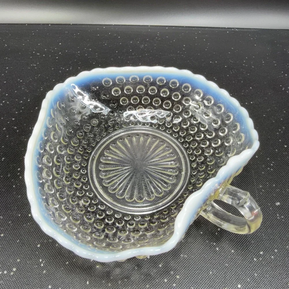 Anchor Hocking Moonstone Hobnail Opalescent Glass Bowl Ruffled Edge W‎ Handle